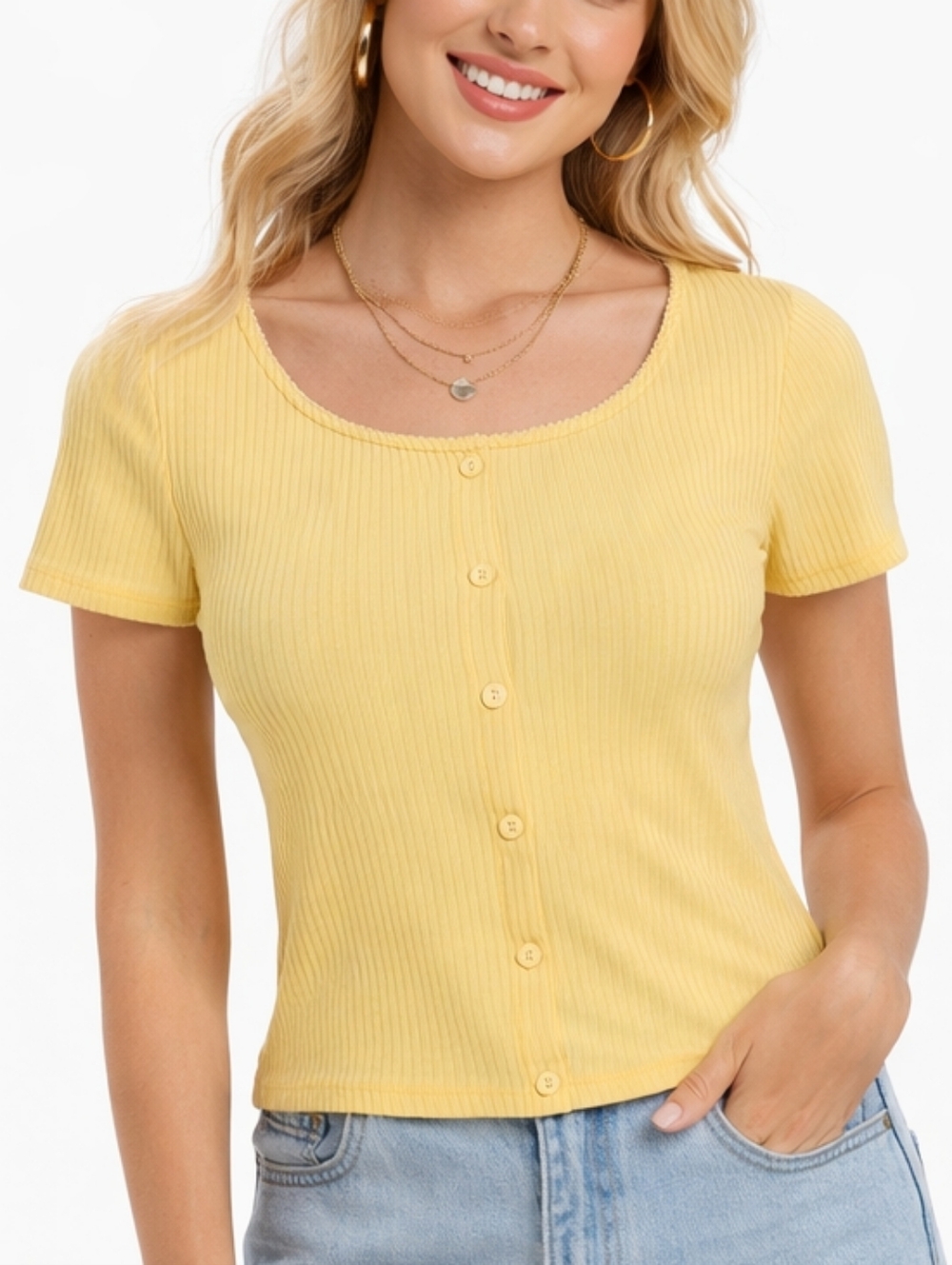 Zaful Yellow Ribbed Button-Down Top – Size Medium (NWT)